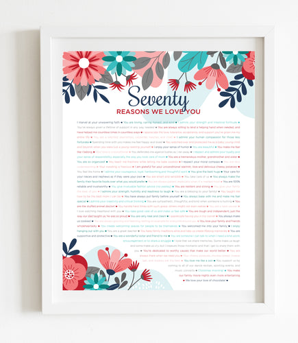 70 Reasons We Love You Turquoise Floral  DIGITAL Print; 70th Birthday; Grandmas Birthday; Friend's 70th Birthday; Mom's 70th