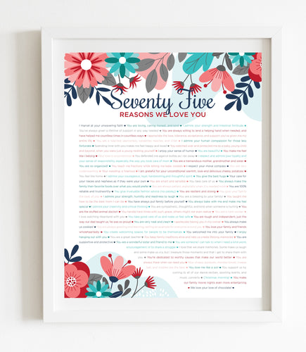 75 Reasons We Love You Turquoise Floral DIGITAL Print; 75th Birthday; Grandmas Birthday; Friend's 75th Birthday; Mom's 75th